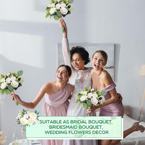 10 Pack Bridesmaid Bouquets for Wedding 7 Inch Natural Artificial Flowers Bridesmaid Bouquets Wedding Bouquets Flowers for Ceremony Anniversary Marriage Centerpieces Decorations (White) in Saudi Arabia
