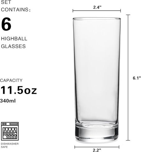 OUWO Highball Glasses Set of 6, 11.5oz Tall Drinking Glasses, Water Glass for Kitchen, Mojito Glass Cups, Cocktail Glasses for Bar Glassware in Saudi Arabia