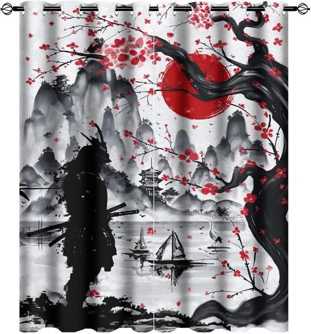 Retro Japanese Blackout Curtains for Bedroom,Watercolor Ink Samurai Red Sun Mountain Cherry Blossoms Grommet Thermal Insulated Room Darkening Curtains Window Curtains 2 Panels 45L x 21W in Saudi Arabia