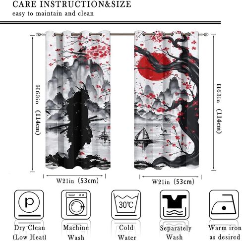 Retro Japanese Blackout Curtains for Bedroom,Watercolor Ink Samurai Red Sun Mountain Cherry Blossoms Grommet Thermal Insulated Room Darkening Curtains Window Curtains 2 Panels 45L x 21W in Saudi Arabia