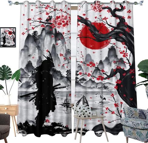 Retro Japanese Blackout Curtains for Bedroom,Watercolor Ink Samurai Red Sun Mountain Cherry Blossoms Grommet Thermal Insulated Room Darkening Curtains Window Curtains 2 Panels 45L x 21W in Saudi Arabia