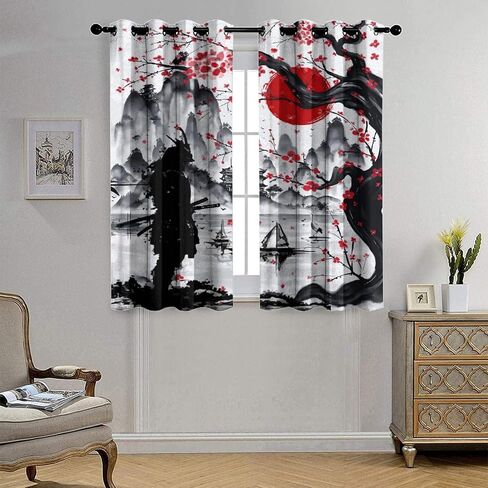 Retro Japanese Blackout Curtains for Bedroom,Watercolor Ink Samurai Red Sun Mountain Cherry Blossoms Grommet Thermal Insulated Room Darkening Curtains Window Curtains 2 Panels 45L x 21W in Saudi Arabia