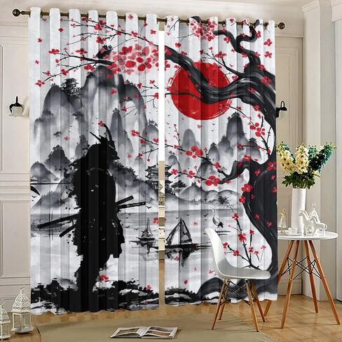 Retro Japanese Blackout Curtains for Bedroom,Watercolor Ink Samurai Red Sun Mountain Cherry Blossoms Grommet Thermal Insulated Room Darkening Curtains Window Curtains 2 Panels 45L x 21W in Saudi Arabia