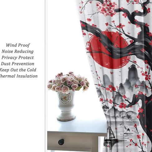 Retro Japanese Blackout Curtains for Bedroom,Watercolor Ink Samurai Red Sun Mountain Cherry Blossoms Grommet Thermal Insulated Room Darkening Curtains Window Curtains 2 Panels 45L x 21W in Saudi Arabia