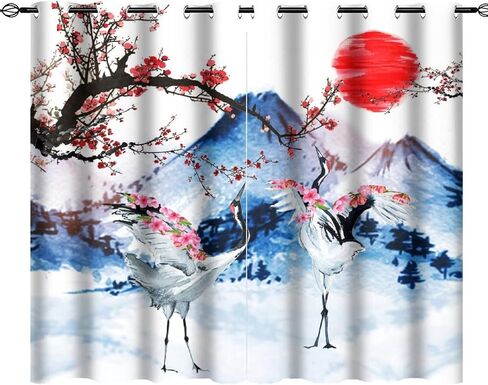 Retro Japanese Blackout Curtains for Bedroom,Watercolor Ink Samurai Red Sun Mountain Cherry Blossoms Grommet Thermal Insulated Room Darkening Curtains Window Curtains 2 Panels 45L x 21W in Saudi Arabia