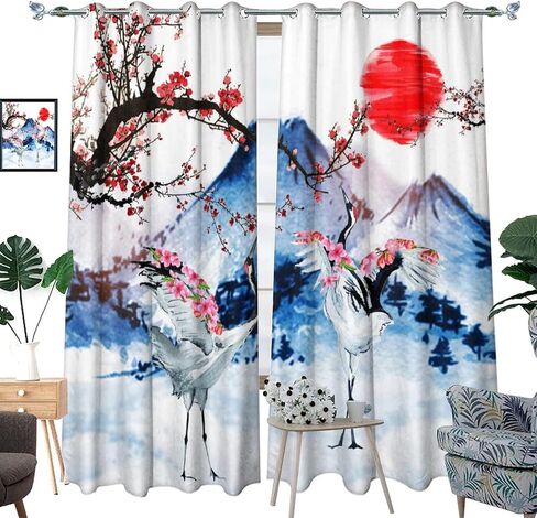Retro Japanese Blackout Curtains for Bedroom,Watercolor Ink Samurai Red Sun Mountain Cherry Blossoms Grommet Thermal Insulated Room Darkening Curtains Window Curtains 2 Panels 45L x 21W in Saudi Arabia
