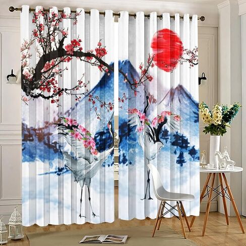 Retro Japanese Blackout Curtains for Bedroom,Watercolor Ink Samurai Red Sun Mountain Cherry Blossoms Grommet Thermal Insulated Room Darkening Curtains Window Curtains 2 Panels 45L x 21W in Saudi Arabia