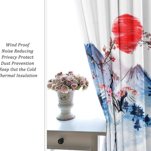 Retro Japanese Blackout Curtains for Bedroom,Watercolor Ink Samurai Red Sun Mountain Cherry Blossoms Grommet Thermal Insulated Room Darkening Curtains Window Curtains 2 Panels 45L x 21W in Saudi Arabia