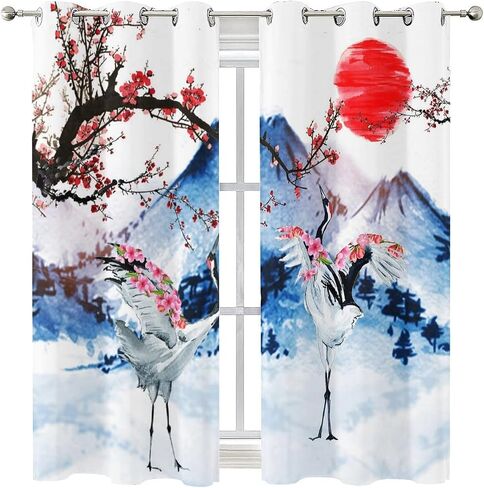 Retro Japanese Blackout Curtains for Bedroom,Watercolor Ink Samurai Red Sun Mountain Cherry Blossoms Grommet Thermal Insulated Room Darkening Curtains Window Curtains 2 Panels 45L x 21W in Saudi Arabia