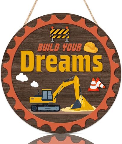 toarti ريفي بناء أحلامك علامة معلقة اقتباس ملهمة (12 × 12 بوصة)، ديكور جدار شاحنة البناء الكرتون الخشبية، الأطفال تحفيزية قائلا علامة الباب الأمامي لغرفة اللعب الحضانة الفصول الدراسية in Kuwait