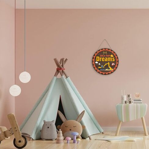 toarti ريفي بناء أحلامك علامة معلقة اقتباس ملهمة (12 × 12 بوصة)، ديكور جدار شاحنة البناء الكرتون الخشبية، الأطفال تحفيزية قائلا علامة الباب الأمامي لغرفة اللعب الحضانة الفصول الدراسية in Kuwait