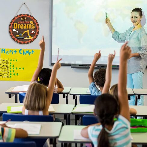 toarti ريفي بناء أحلامك علامة معلقة اقتباس ملهمة (12 × 12 بوصة)، ديكور جدار شاحنة البناء الكرتون الخشبية، الأطفال تحفيزية قائلا علامة الباب الأمامي لغرفة اللعب الحضانة الفصول الدراسية in Kuwait