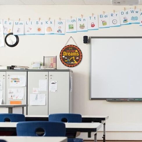 toarti ريفي بناء أحلامك علامة معلقة اقتباس ملهمة (12 × 12 بوصة)، ديكور جدار شاحنة البناء الكرتون الخشبية، الأطفال تحفيزية قائلا علامة الباب الأمامي لغرفة اللعب الحضانة الفصول الدراسية in Kuwait