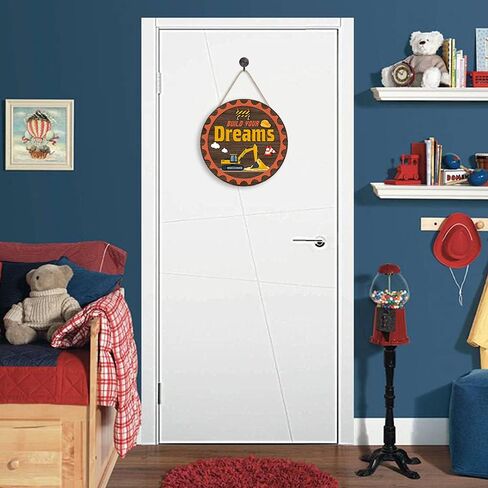 toarti ريفي بناء أحلامك علامة معلقة اقتباس ملهمة (12 × 12 بوصة)، ديكور جدار شاحنة البناء الكرتون الخشبية، الأطفال تحفيزية قائلا علامة الباب الأمامي لغرفة اللعب الحضانة الفصول الدراسية in Kuwait