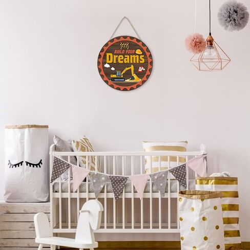 toarti ريفي بناء أحلامك علامة معلقة اقتباس ملهمة (12 × 12 بوصة)، ديكور جدار شاحنة البناء الكرتون الخشبية، الأطفال تحفيزية قائلا علامة الباب الأمامي لغرفة اللعب الحضانة الفصول الدراسية in Kuwait