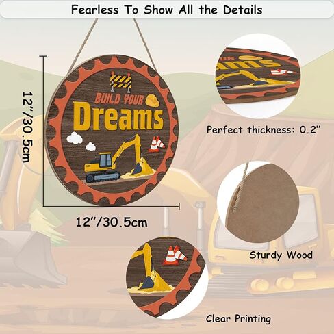 toarti ريفي بناء أحلامك علامة معلقة اقتباس ملهمة (12 × 12 بوصة)، ديكور جدار شاحنة البناء الكرتون الخشبية، الأطفال تحفيزية قائلا علامة الباب الأمامي لغرفة اللعب الحضانة الفصول الدراسية in Kuwait