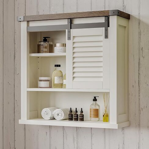 ChooChoo Farmhouse Wall Cabinet, Medicine Cabinets for Bathroom with Sliding Barn Door, Decorative Bathroom Wall Cabinet with Adjustable Shelves Space Saver, Farmhouse White in Saudi Arabia