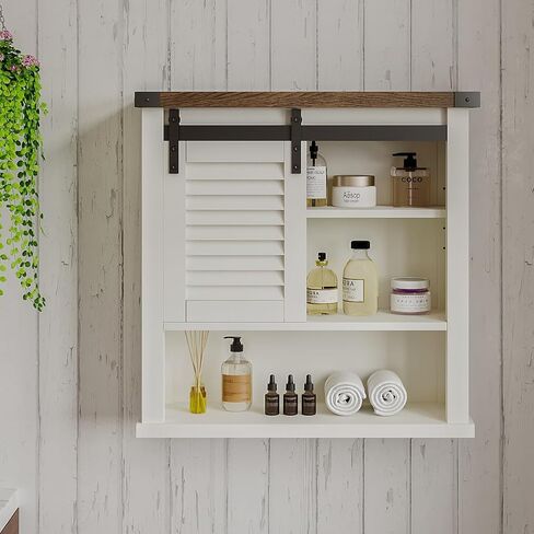 ChooChoo Farmhouse Wall Cabinet, Medicine Cabinets for Bathroom with Sliding Barn Door, Decorative Bathroom Wall Cabinet with Adjustable Shelves Space Saver, Farmhouse White in Saudi Arabia