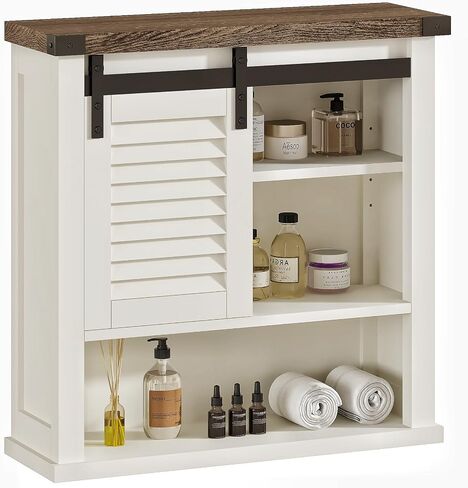 ChooChoo Farmhouse Wall Cabinet, Medicine Cabinets for Bathroom with Sliding Barn Door, Decorative Bathroom Wall Cabinet with Adjustable Shelves Space Saver, Farmhouse White in Saudi Arabia