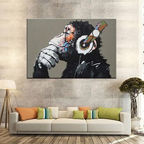 Canvas Wall Art Animals Animal Music Gorilla Canvas Printed Painting Modern Funny Thinking Monkey with Headphone Wall Art for Living Room Decor Ready to Hang 1 Panel 12" x 16" in Saudi Arabia