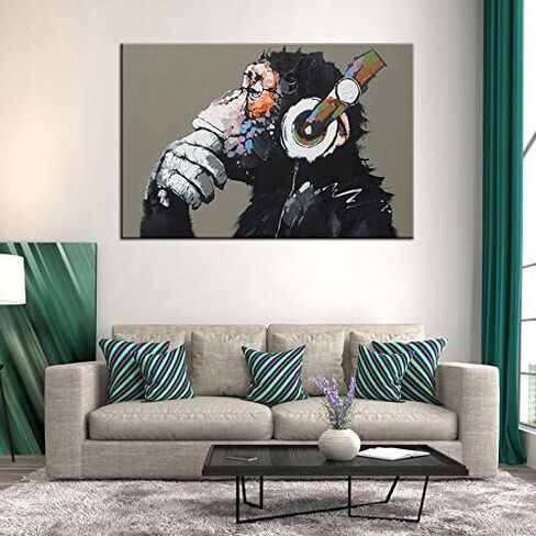 Canvas Wall Art Animals Animal Music Gorilla Canvas Printed Painting Modern Funny Thinking Monkey with Headphone Wall Art for Living Room Decor Ready to Hang 1 Panel 12" x 16" in Saudi Arabia