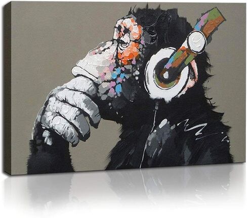 Canvas Wall Art Animals Animal Music Gorilla Canvas Printed Painting Modern Funny Thinking Monkey with Headphone Wall Art for Living Room Decor Ready to Hang 1 Panel 12" x 16" in Saudi Arabia