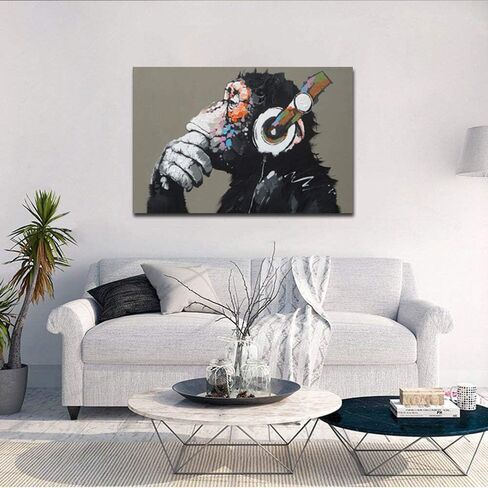 Canvas Wall Art Animals Animal Music Gorilla Canvas Printed Painting Modern Funny Thinking Monkey with Headphone Wall Art for Living Room Decor Ready to Hang 1 Panel 12" x 16" in Saudi Arabia