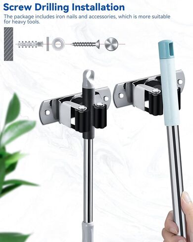 AceMining 2 Pack Broom and Mop Holder Wall Mounted, Garage Organizer Storage Tool Racks, Stainless Steel Heavy Duty Self Adhesive Solid Non-Slip Wall Hangers for Home Kitchen Garden in Saudi Arabia