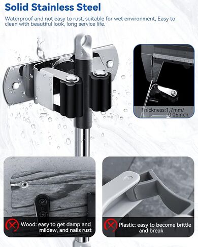AceMining 2 Pack Broom and Mop Holder Wall Mounted, Garage Organizer Storage Tool Racks, Stainless Steel Heavy Duty Self Adhesive Solid Non-Slip Wall Hangers for Home Kitchen Garden in Saudi Arabia
