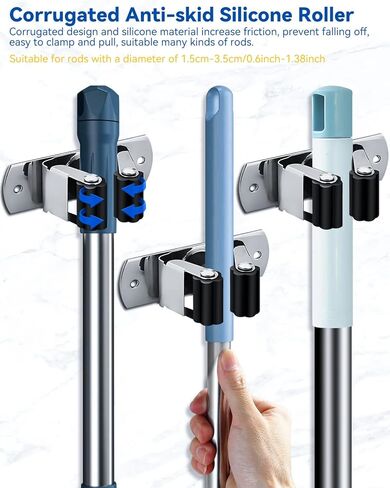 AceMining 2 Pack Broom and Mop Holder Wall Mounted, Garage Organizer Storage Tool Racks, Stainless Steel Heavy Duty Self Adhesive Solid Non-Slip Wall Hangers for Home Kitchen Garden in Saudi Arabia
