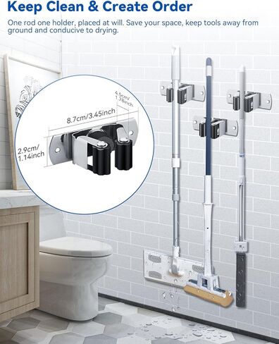 AceMining 2 Pack Broom and Mop Holder Wall Mounted, Garage Organizer Storage Tool Racks, Stainless Steel Heavy Duty Self Adhesive Solid Non-Slip Wall Hangers for Home Kitchen Garden in Saudi Arabia