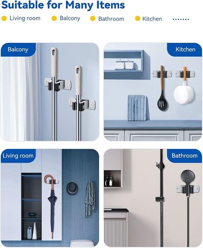 AceMining 2 Pack Broom and Mop Holder Wall Mounted, Garage Organizer Storage Tool Racks, Stainless Steel Heavy Duty Self Adhesive Solid Non-Slip Wall Hangers for Home Kitchen Garden in Saudi Arabia