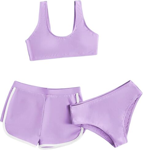 SOLY HUX Girl's 3 Piece Swimsuits Beach Sport Quick Dry Swimwear Bikini Bathing Suit with Shorts Plain Purple 150 in Saudi Arabia