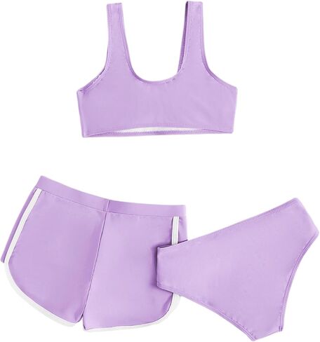 SOLY HUX Girl's 3 Piece Swimsuits Beach Sport Quick Dry Swimwear Bikini Bathing Suit with Shorts Plain Purple 150 in Saudi Arabia
