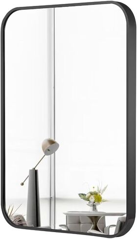 Black Vanity Mirror Bathroom for Over Sink,Wall-Mounted Aluminum Framed Mirror for Bedroom,Restroom,Corner,Modern Rounded Corner Anti-Rust Hanging Mirrors of Home-12 * 16in in Saudi Arabia