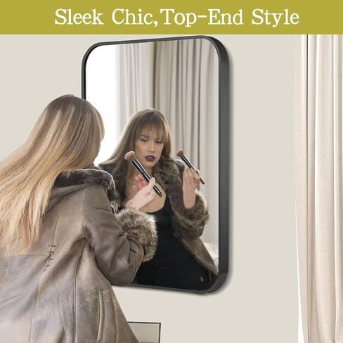 Black Vanity Mirror Bathroom for Over Sink,Wall-Mounted Aluminum Framed Mirror for Bedroom,Restroom,Corner,Modern Rounded Corner Anti-Rust Hanging Mirrors of Home-12 * 16in in Saudi Arabia