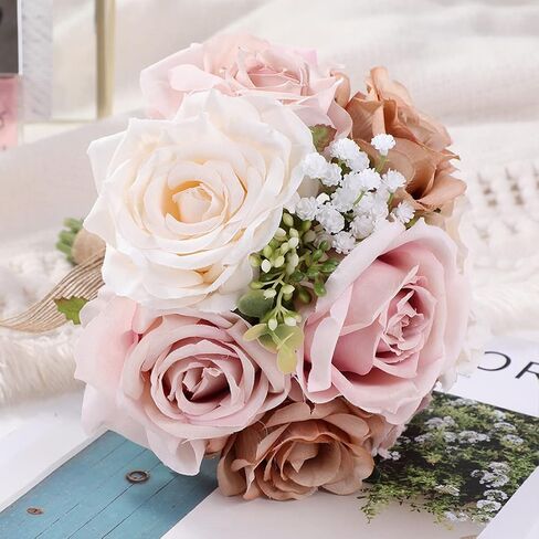 Wedding Bouquets for Bride Bridesmaid Bouquet Faux Pink Cream White Rose Artificial Silk Flowers for Wedding Party Church DIY Arrangement Valentine's Day Home Decoration, Gifts in Saudi Arabia