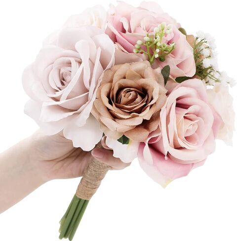 Wedding Bouquets for Bride Bridesmaid Bouquet Faux Pink Cream White Rose Artificial Silk Flowers for Wedding Party Church DIY Arrangement Valentine's Day Home Decoration, Gifts in Saudi Arabia