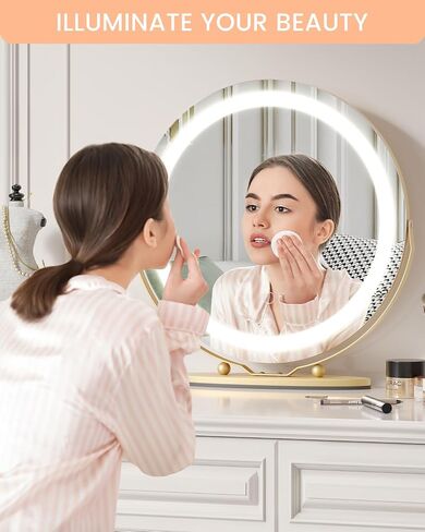 مرآة مكياج مع أضواء من قاومون، مرآة مكياج مقاس 19 بوصة مع أضواء، تحكم ذكي باللمس 3 ألوان مرآة زينة قابلة للتعتيم، مرآة زينة مستديرة تدور 360 درجة لغرفة النوم والحمام، باللون الأبيض in Kuwait