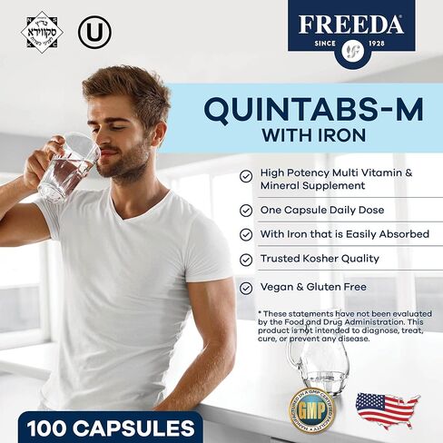 FREEDA Multivitamin One Daily – Quintabs-M with Iron – Kosher Multi Vitamins Supplements for Women Health - Multivitamins for Women & Iron-Deficient Men Adult Vitamins Multivitamin (250) in Saudi Arabia