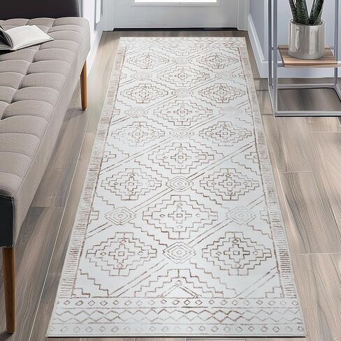 COLLACT 2x6 Runner Rug - Hallway Runner Rug Moroccan Washable Rug Geometric Kitchen Rug Modern Non Slip Thin Rug Boho Runners for Bedroom Laundry Room Doorway Bathroom (2x6ft Taupe On Beige) in Saudi Arabia