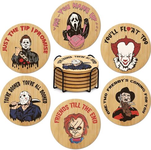 6Pcs Horror Movie Character Spooky Coasters Gift Set with Holder - Horror Movie Accessories Bar Coaster for Party Decor, Unique Halloween Round Coasters for Halloween Coffee Table Spooky Kitchen Decor in Saudi Arabia