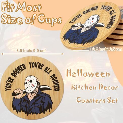 6Pcs Horror Movie Character Spooky Coasters Gift Set with Holder - Horror Movie Accessories Bar Coaster for Party Decor, Unique Halloween Round Coasters for Halloween Coffee Table Spooky Kitchen Decor in Saudi Arabia