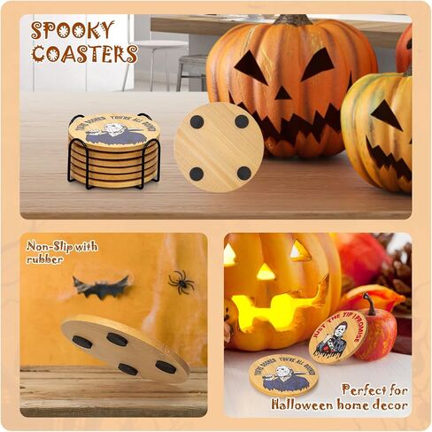 6Pcs Horror Movie Character Spooky Coasters Gift Set with Holder - Horror Movie Accessories Bar Coaster for Party Decor, Unique Halloween Round Coasters for Halloween Coffee Table Spooky Kitchen Decor in Saudi Arabia