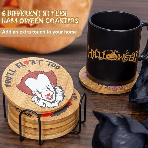 6Pcs Horror Movie Character Spooky Coasters Gift Set with Holder - Horror Movie Accessories Bar Coaster for Party Decor, Unique Halloween Round Coasters for Halloween Coffee Table Spooky Kitchen Decor in Saudi Arabia