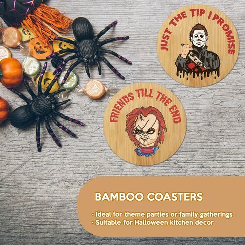 6Pcs Horror Movie Character Spooky Coasters Gift Set with Holder - Horror Movie Accessories Bar Coaster for Party Decor, Unique Halloween Round Coasters for Halloween Coffee Table Spooky Kitchen Decor in Saudi Arabia
