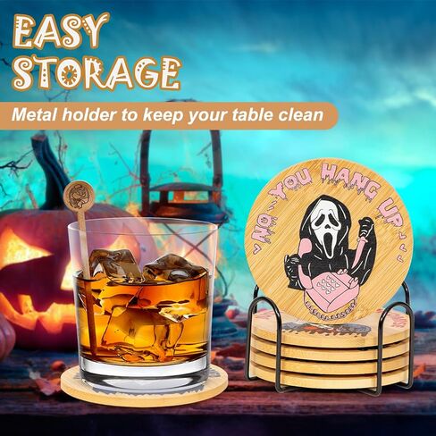 6Pcs Horror Movie Character Spooky Coasters Gift Set with Holder - Horror Movie Accessories Bar Coaster for Party Decor, Unique Halloween Round Coasters for Halloween Coffee Table Spooky Kitchen Decor in Saudi Arabia
