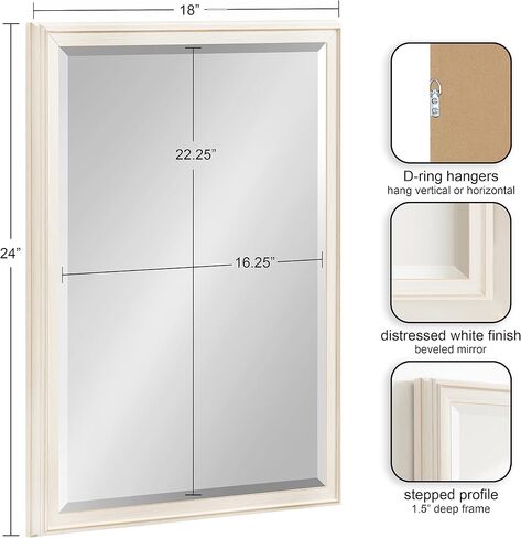 Kate and Laurel Oakhurst Traditional Rectangular Wall Mirror, 18 x 24, Soft White, Distressed Vintage Rectangle Vanity Mirror for Use as Bathroom Mirror for Over Sink or Refined Entryway Mirror in Saudi Arabia