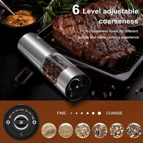 Electric Salt and Pepper Grinder Set 6 Levels Adjustable Coarseness Refillable Stainless Steel Auto Salt and Pepper Grinder Mill Usb Rechargeable with Lights in Saudi Arabia