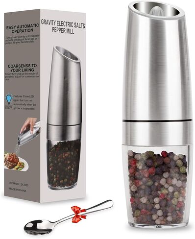 Pepper Grinder, Gravity Electric Pepper Mill, Battery Operated Automatic Salt Mill with Blue LED Light, One Handed Operation, Adjustable Coarseness, Black（Including Stainless Steel Spoon） in Saudi Arabia